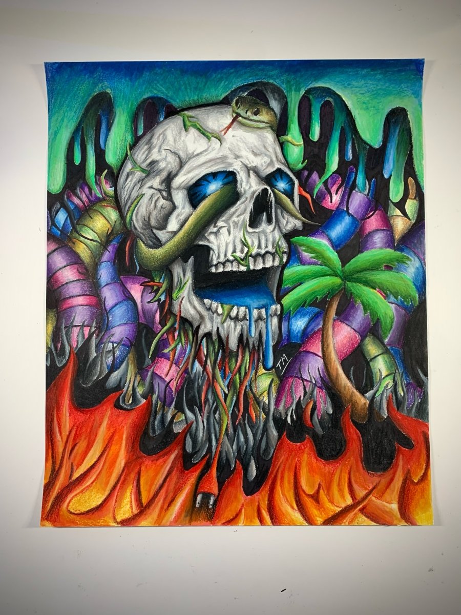 "Skull In Flames" - Original Drawing - Tommy Manning Art