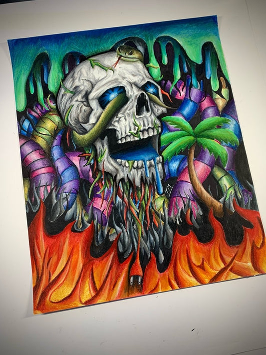 "Skull In Flames" - Original Drawing - Tommy Manning Art