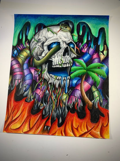 "Skull In Flames" - Original Drawing - Tommy Manning Art